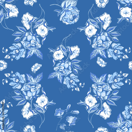 Vintage blue floral seamless pattern. Blooming indigo flowers