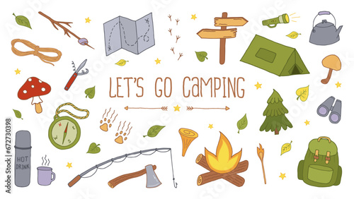 Vector Camping Set. Backpacking and Hiking Colorful Doodle Illustrations on White Background. Local Tourism