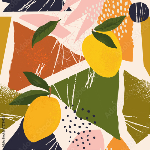 Collage contemporary mango seamless pattern. Modern exotic jungle fruits and plants illustration in vector.