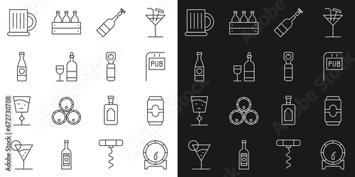 Set line Wooden barrel on rack, Beer can, Street signboard with Pub, Opened bottle of wine, Wine glass, beer mug and Bottle opener icon. Vector