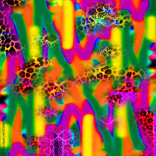 Combination textile collage pattern of neon colored leopard snake tiger textures