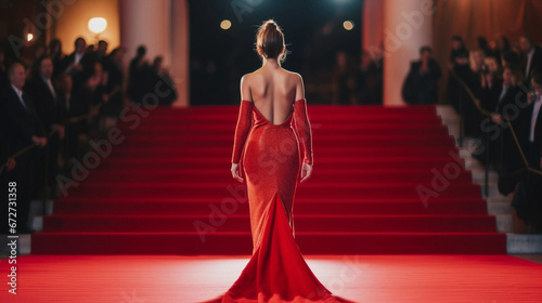 A Woman Wearing a Long Gown Standing on a Red Carpet