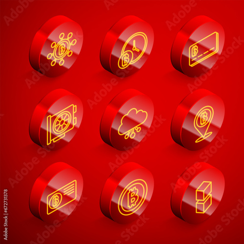 Set line Blockchain technology Bitcoin, with clock, Credit card bitcoin, Video graphic, Cryptocurrency cloud mining, and icon. Vector