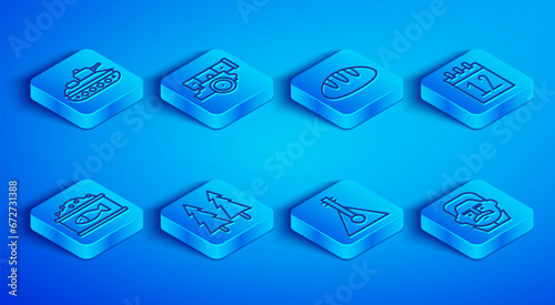 Set line Military tank, Cannon, Bread loaf, Christmas tree, Balalaika, Calendar 12 june, Tin can with caviar and Joseph Stalin icon. Vector