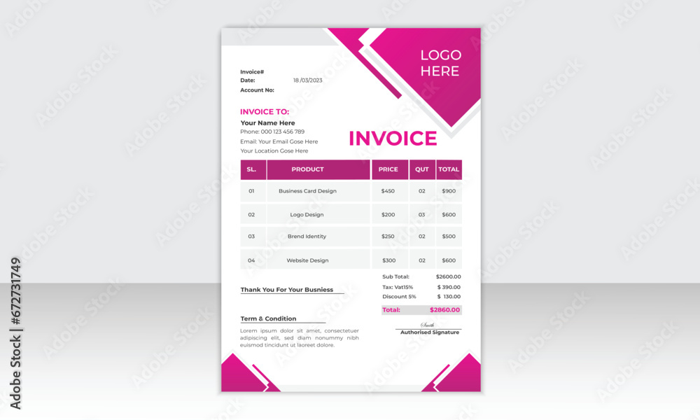 Business Minimal Corporate Invoice design template vector illustration bill form price, Invoice bill design template.