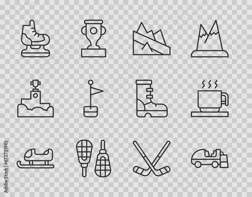 Set line Sled, Ice resurfacer, Mountain descent, Snowshoes, Skates, Location marker, hockey sticks and Hot chocolate cup icon. Vector