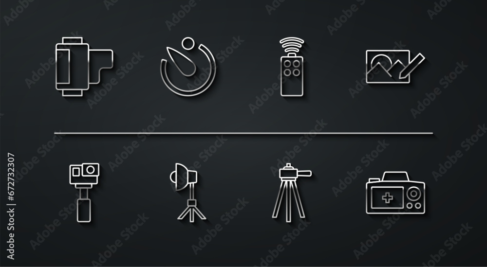 Set line Camera roll cartridge, Action camera, Photo retouching, Tripod, Softbox light, timer, and Remote control for icon. Vector