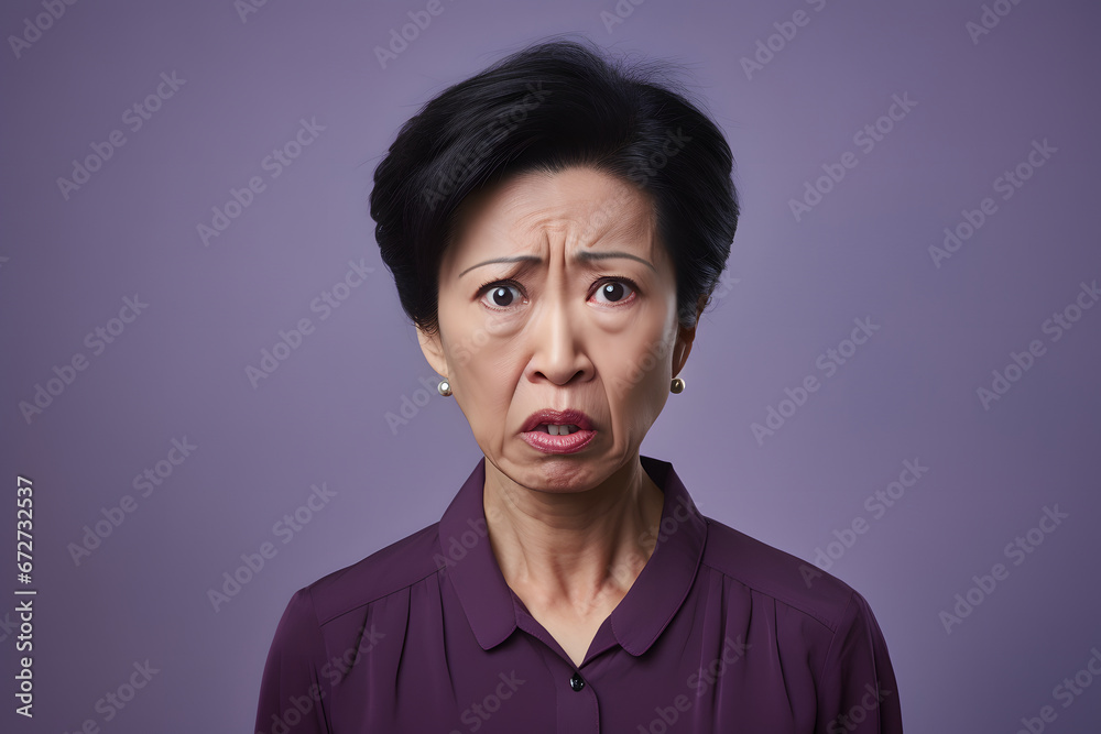Fototapeta premium Disgusted mature Asian woman portrait on magenta background. Neural network generated photorealistic image. Not based on any actual person or scene.
