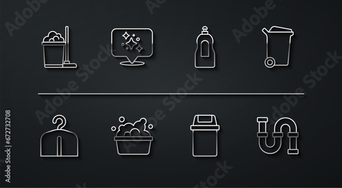 Set line Mop and bucket, Hanger wardrobe, Trash can, Basin with soap suds, Home cleaning service, Industry metallic pipe and Dishwashing liquid bottle icon. Vector