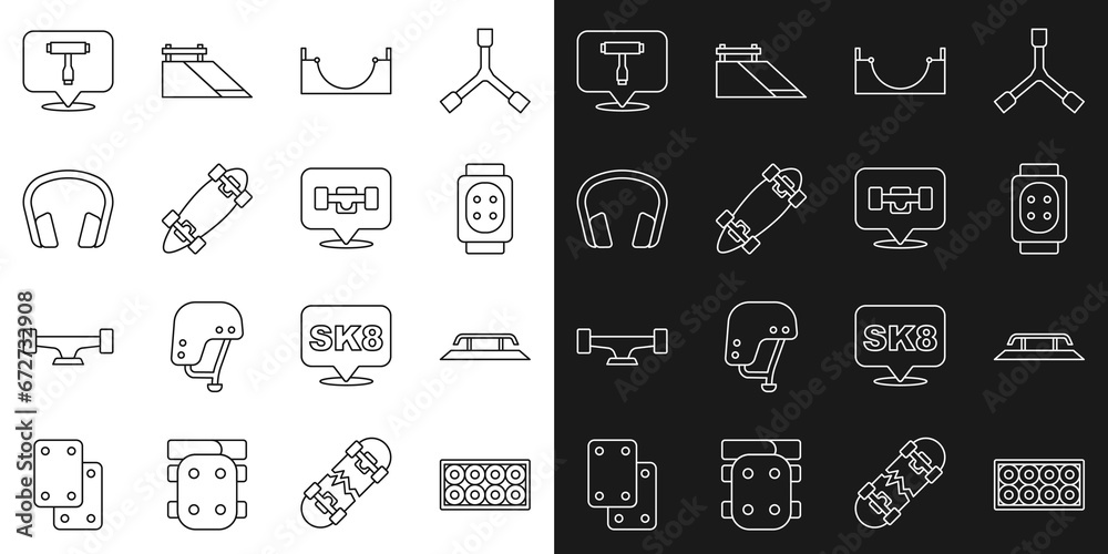 Set line Skateboard wheel, stairs with rail, Knee pads, park, Longboard or skateboard, Headphones, T tool and icon. Vector Set line Skateboard wheel, stairs with rail, Knee pads, park, Longboard or skateboard, Headphones, T tool and icon. Vector