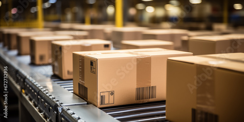 Closeup of multiple cardboard box packages seamlessly moving along a conveyor belt in a warehouse fulfillment center, a snapshot of e-commerce, delivery, automation and products. 