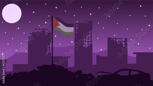 Palestine landscape vector illustration. Silhouette of destroyed buildings at night with palestine flag. Landscape illustration of destroyed city for background or wallpaper