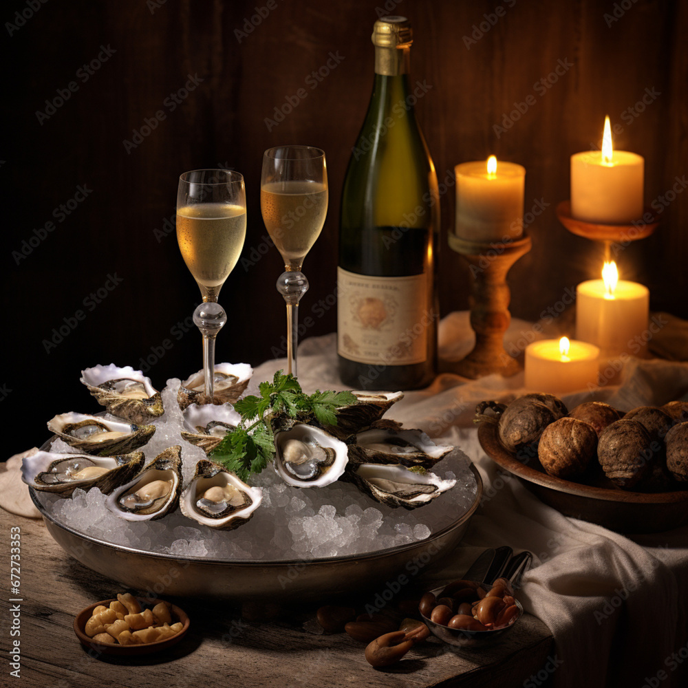 Oysters next to a glass of white wine.