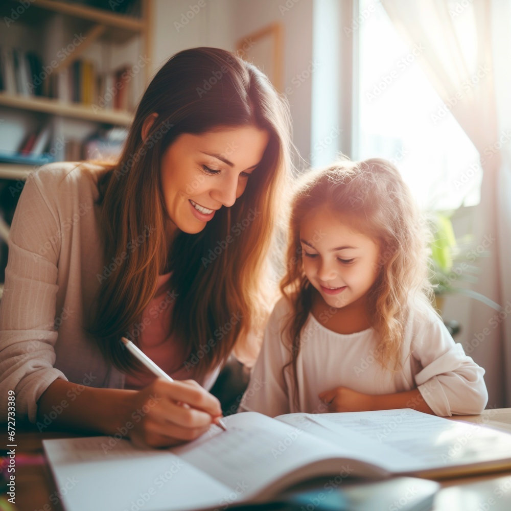 a mother teaching homework to her daughter in the living room