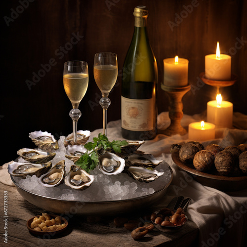 Oysters next to a glass of white wine.