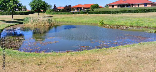 Danish homes next to an artificial pond in a dry summer