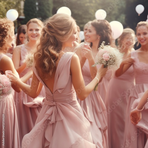 Pink themed outdoor wedding bridesmaids and guests are dancing photo