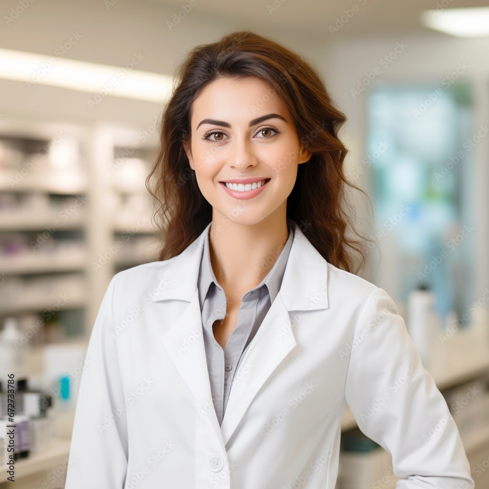 A woman pharmacist wearing a lab coat and smiling in the pharmacy background