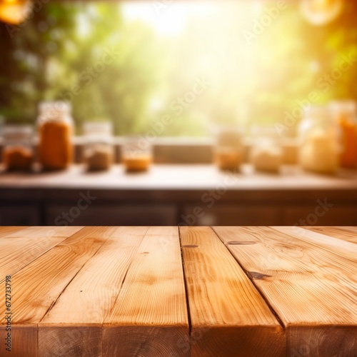 Empty wooden table with blurred kitchen background concept for showing your products.