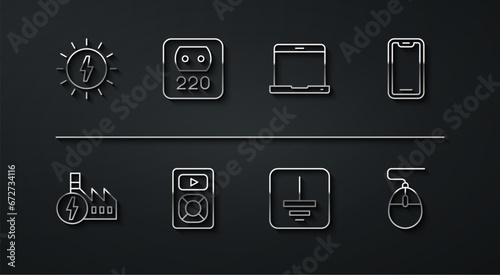 Set line Solar energy panel, Nuclear power plant, Mobile phone, Electrical symbol ground, Music player, outlet, Computer mouse and Laptop icon. Vector