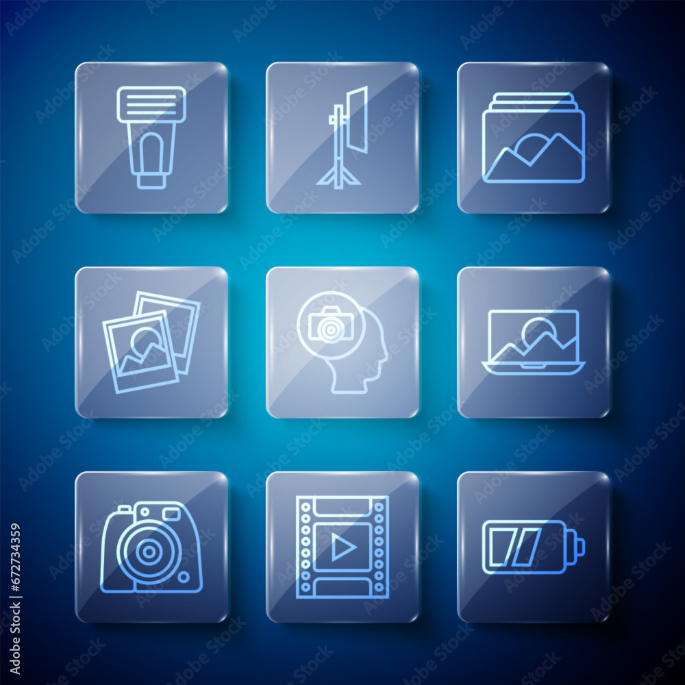 Set line Photo camera, Camera film roll cartridge, Battery for, frame, flash and retouching icon. Vector Set line Photo camera, Camera film roll cartridge, Battery for, frame, flash and retouching icon. Vector