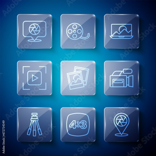 Set line Tripod, Photo frame 4, Camera shutter, retouching, focus line, and Cinema camera icon. Vector