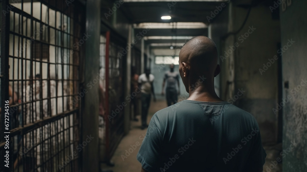 Fictitious bald man confronts his new reality in a prison in the Dominican Republic AI generative - obrazy, fototapety, plakaty 