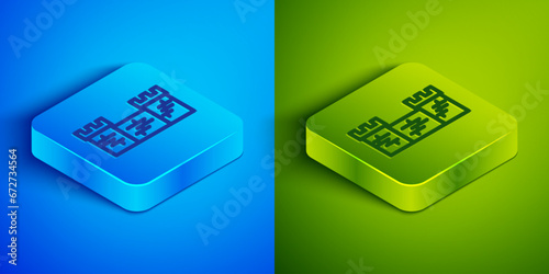 Isometric line Great wall of China icon isolated on blue and green background. Square button. Vector