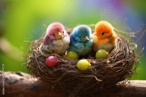 Cute baby birds in a nest with vibrant eggs outside. Generative AI
