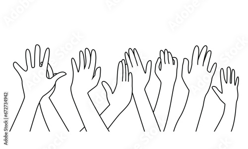Group Of People Hands raised, Isolated line art vector On white background.