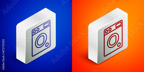 Isometric line Washer icon isolated on blue and orange background. Washing machine icon. Clothes washer - laundry machine. Home appliance symbol. Silver square button. Vector