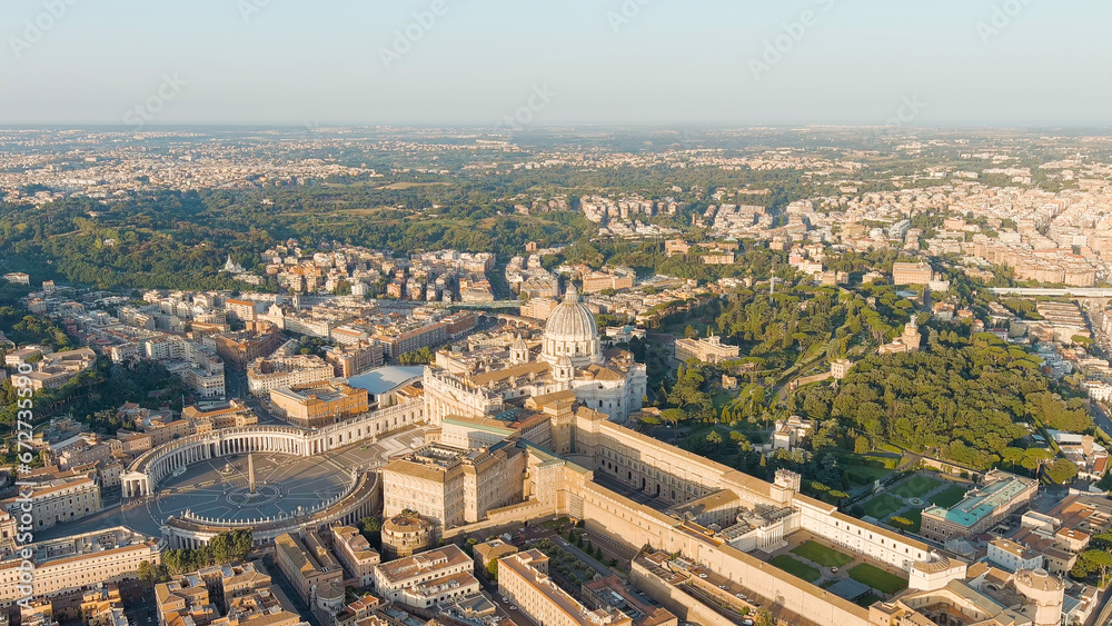 Rome, Italy. View of the Vatican. Basilica di San Pietro, Piazza San Pietro. Flight over the city. Morning hours, Aerial View