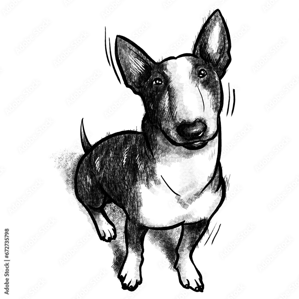 Pixel drawing of a cute bull terrier dog wagging his tail.