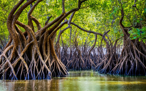a dense mangrove forest with tangled roots and a network of waterways. photo