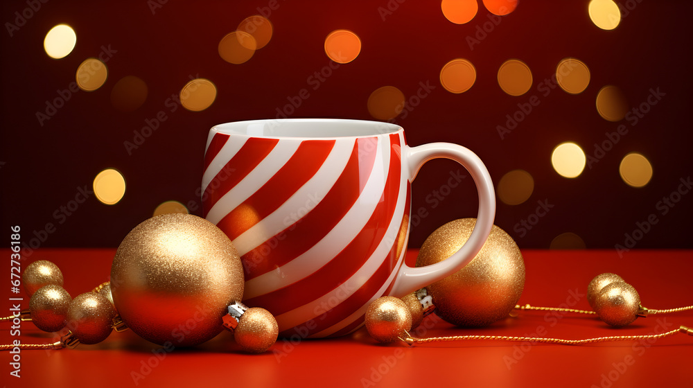 Fototapeta premium Cup of Coffee in a New Year's Red and White Striped Mug with Copy Space and a Red Xmas Ball on a Red Background - Holiday Cheer Concept