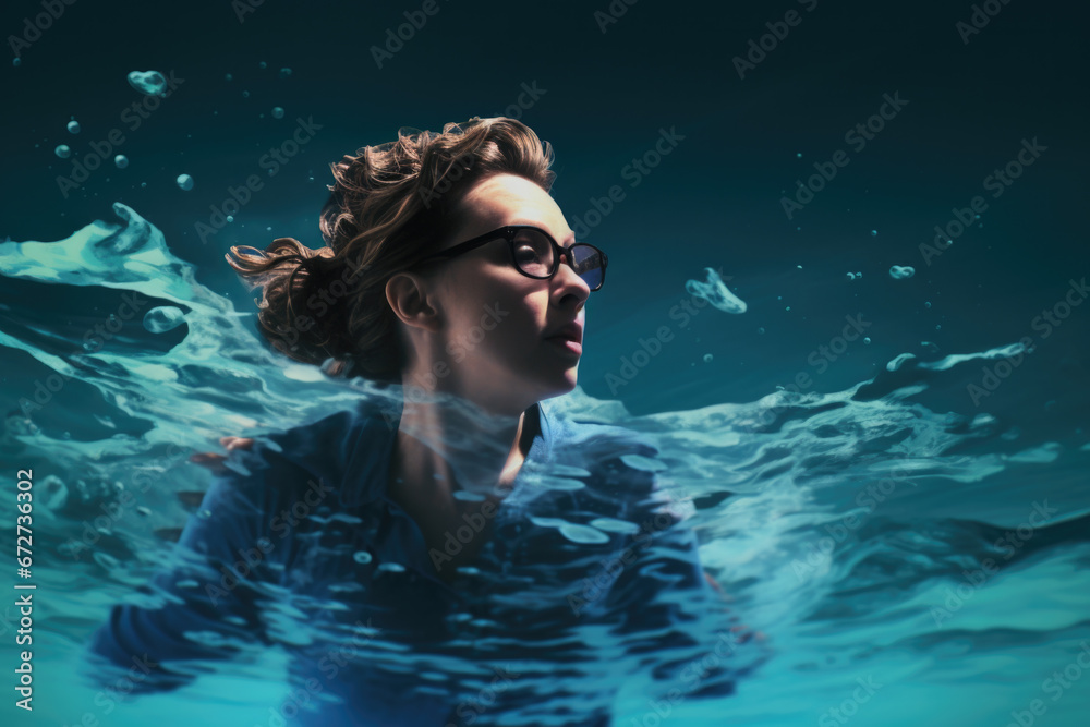 Portrait of woman in glasses swimming in pool.