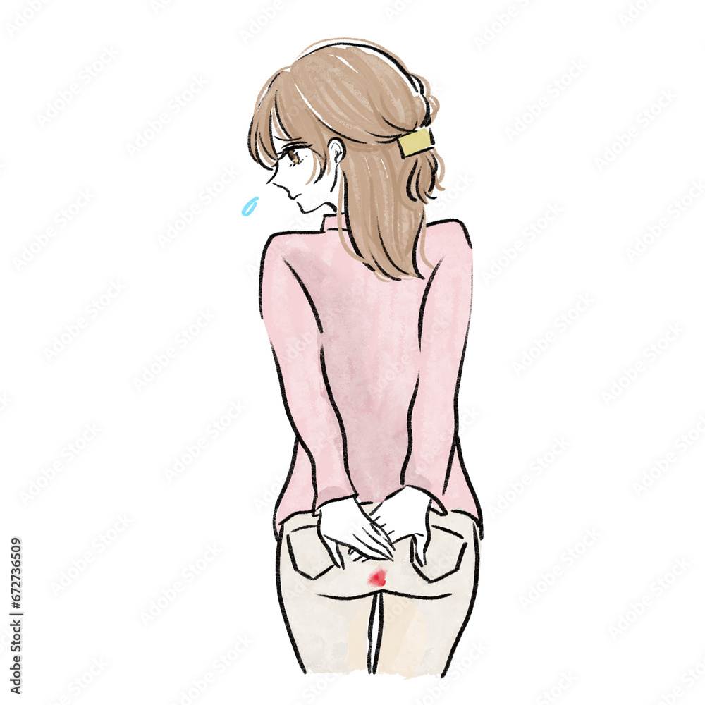 Fototapeta premium ズボンに生理の血が染みてきてしまった女性のイラスト