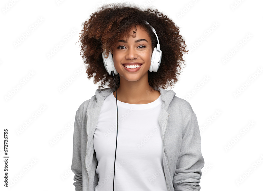 Young African American woman, passionate about music, revelling in the beats and rhythms flowing through her headphones, cut out Young African American woman, passionate about music, revelling in the beats and rhythms flowing through her headphones, cut out