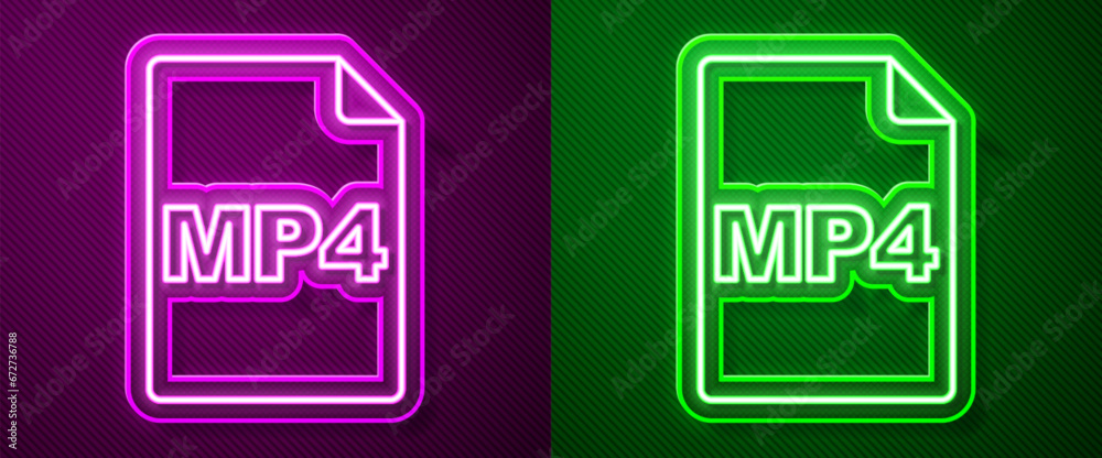 Glowing neon line MP4 file document. Download mp4 button icon isolated on purple and green background. MP4 file symbol. Vector Glowing neon line MP4 file document. Download mp4 button icon isolated on purple and green background. MP4 file symbol. Vector