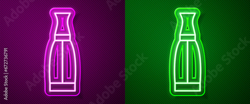Glowing neon line Vape liquid bottle for electronic cigarettes icon isolated on purple and green background. Vector
