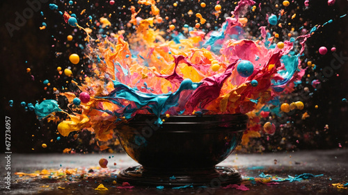 Explosive Art: Vibrant Light Bulb Burst & Colorful Paint Splatter on Black