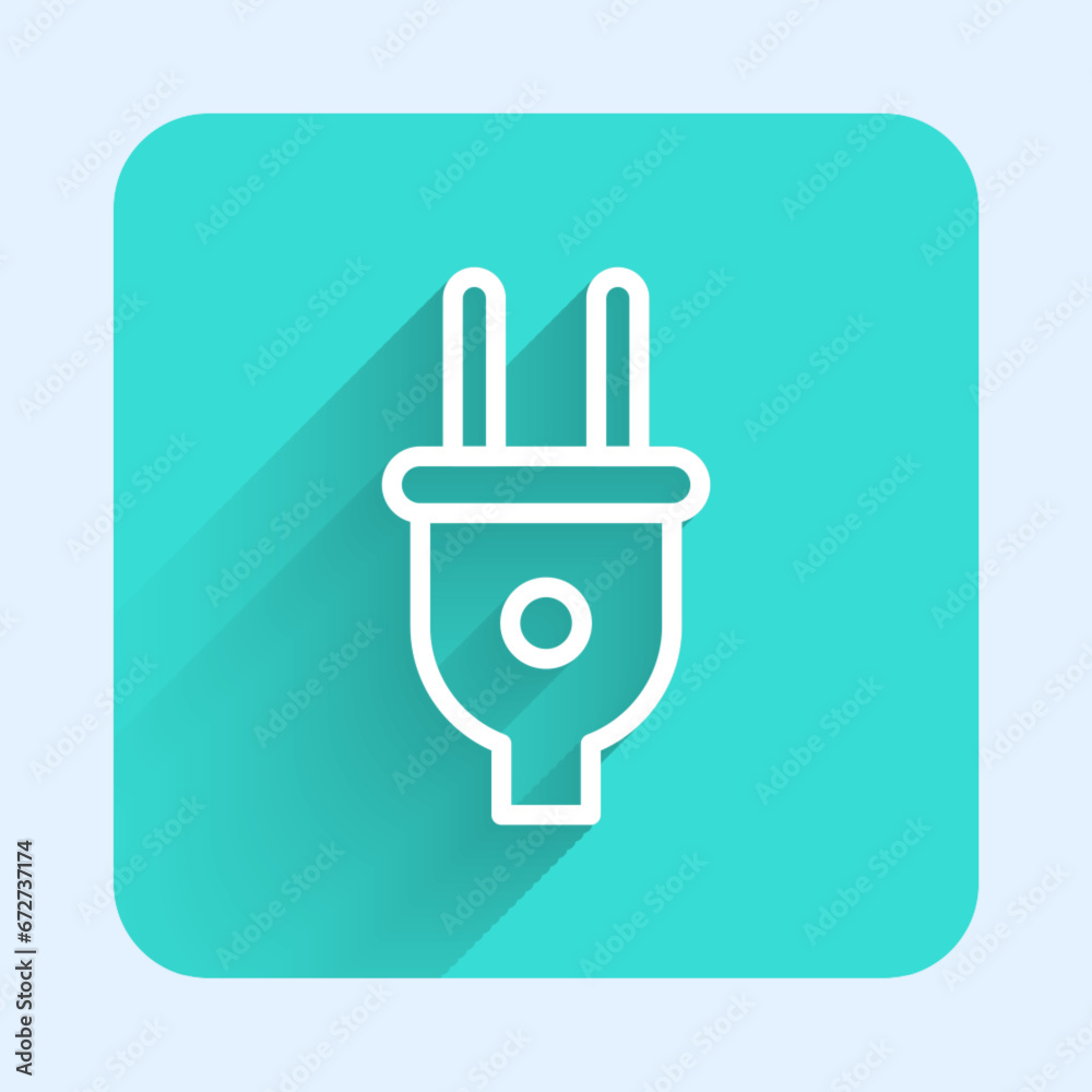 White line Electric plug icon isolated with long shadow background. Concept of connection and disconnection of the electricity. Green square button. Vector White line Electric plug icon isolated with long shadow background. Concept of connection and disconnection of the electricity. Green square button. Vector