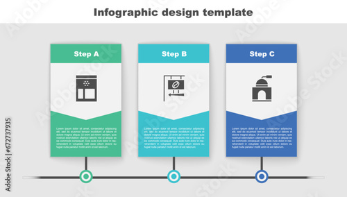 Set Bag of coffee beans, Street signboard and Manual grinder. Business infographic template. Vector