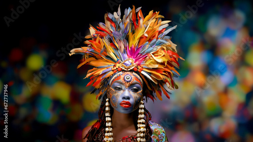A Woman in a Colorful Carnival Headdress Standing Alone Against a Vibrant Blurry Background