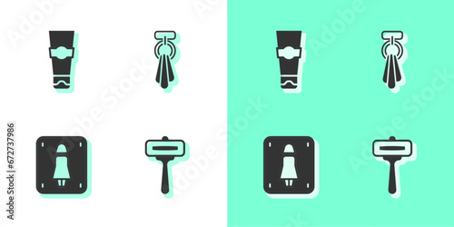 Set Shaving razor, Tube of toothpaste, Female toilet and Towel on hanger icon. Vector