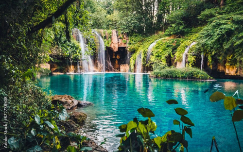 a hidden grotto with a crystal-clear pool and delicate  hanging vines.