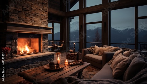 Photo of a Cozy Living Room with Stylish Furniture and a Warm Fireplace