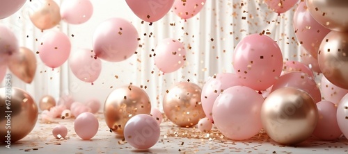 Pink and Neutral Tone Balloons floating on a White Curtain Background with square Gold Confetti photo