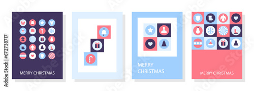 Christmas cards in modern minimalist geometric style. Colorful illustration in flat cartoon style. Xmas backgrounds with geometrical patterns, abstract elements. Trendy modern Xmas design