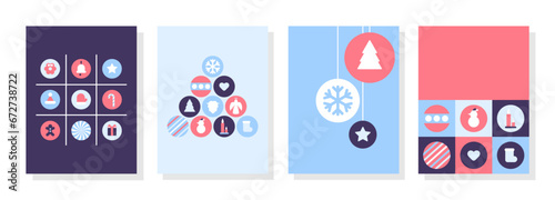 Merry Christmas geometric mosaic card set. Christmas posters set with squares. Greeting cards, minimal noel corporate design templates, invitation or flat icons background. Vector illustration